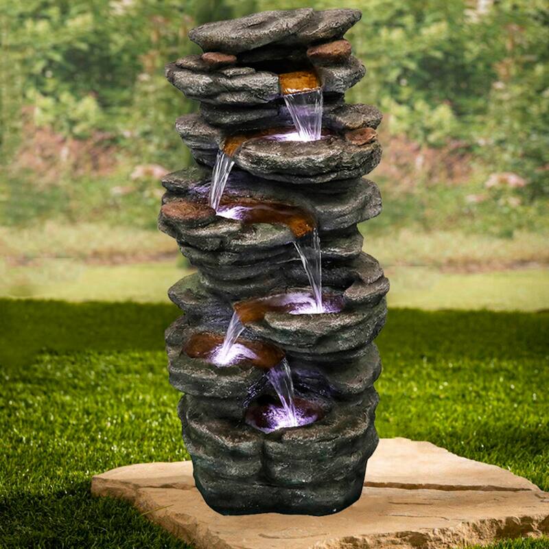40-Inch Tired Outdoor Rock Water Fountain Cascading Waterfall w/Light - Floor/Lighted - Polyresin