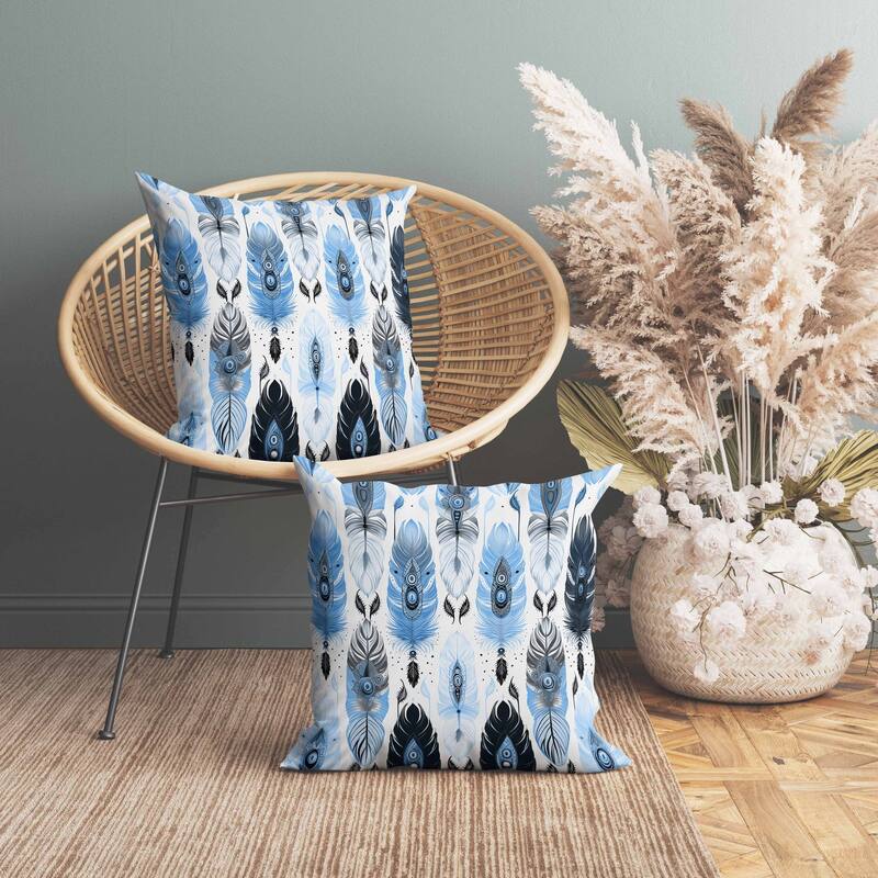 Feathered Treasure Indoor/Outdoor Reversible Throw Pillow Blue and White