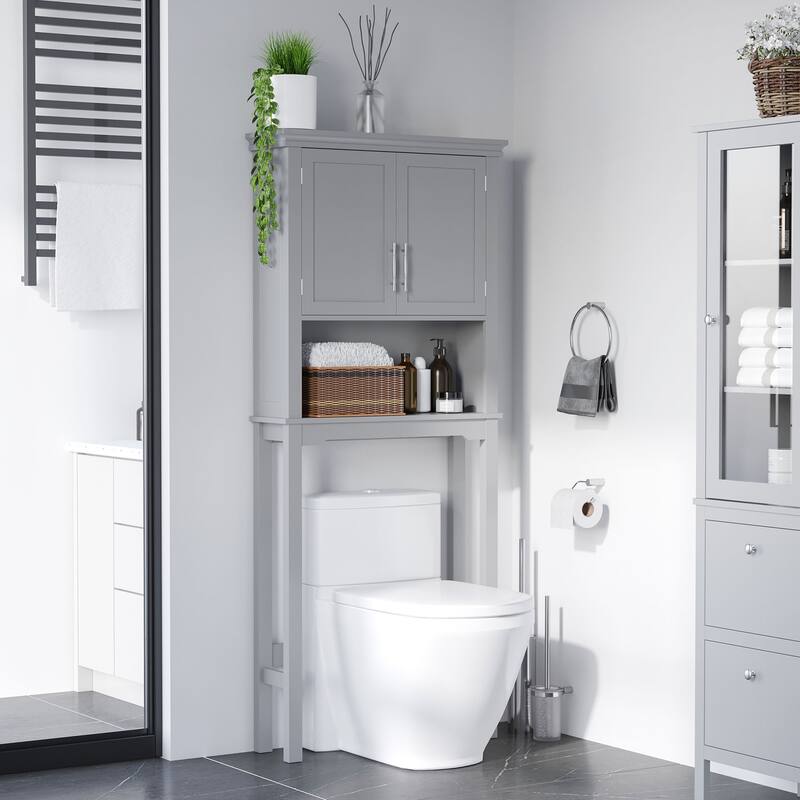Modern Over The Toilet Storage Cabinet, Double Door Bathroom Organizer with Adjustable Shelf and Open Shelf