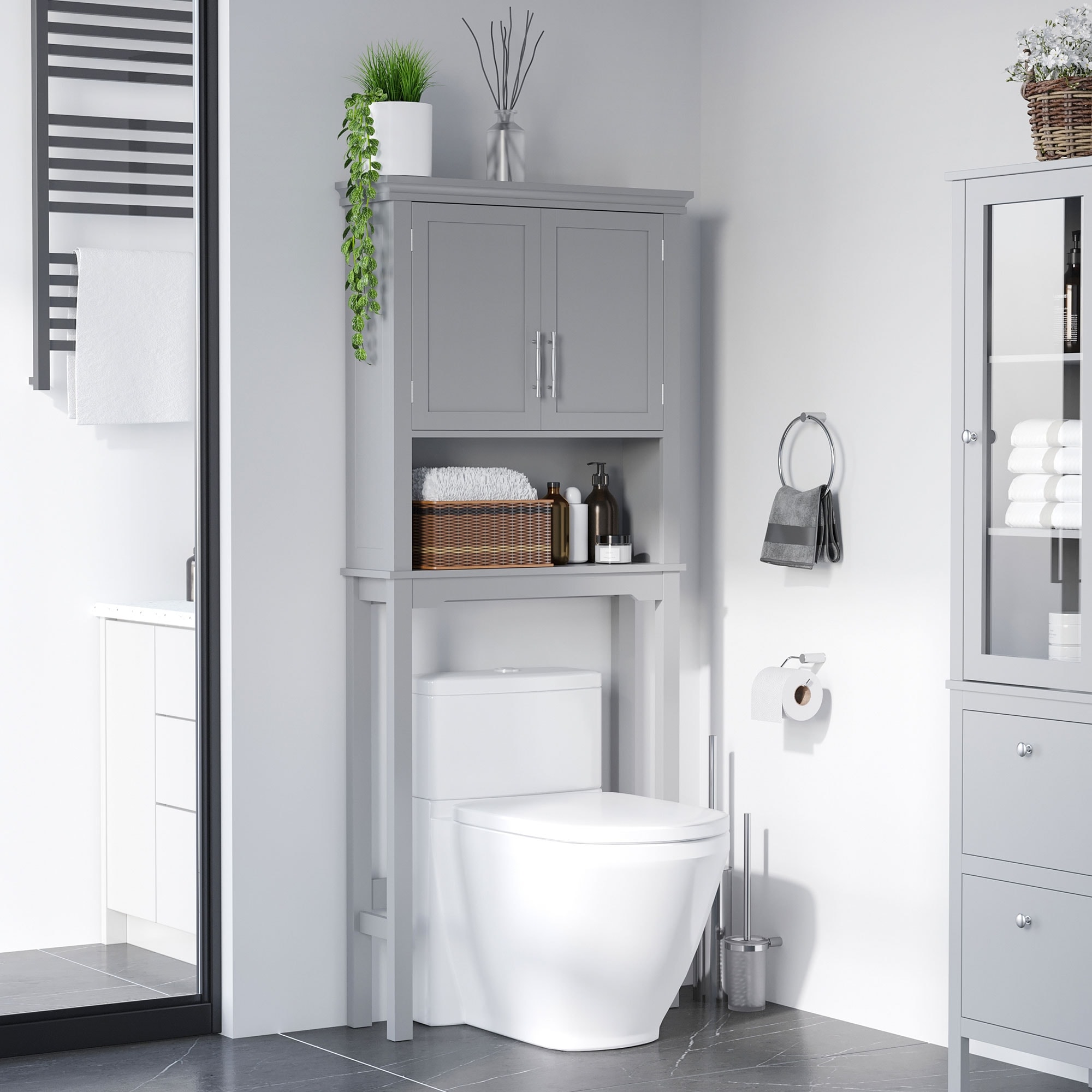 kleankin Modern Over The Toilet Storage Cabinet, Double Door Bathroom Organizer with Inner Adjustable Shelf and Open Shelf, Grey
