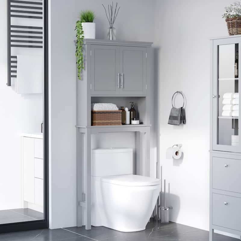 kleankin Modern Over The Toilet Storage Cabinet, Double Door Bathroom Organizer - Grey - Wood Finish