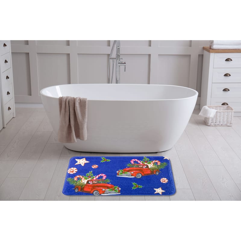 Christmas Truck Navy Printed Foam Rug 17"x24"