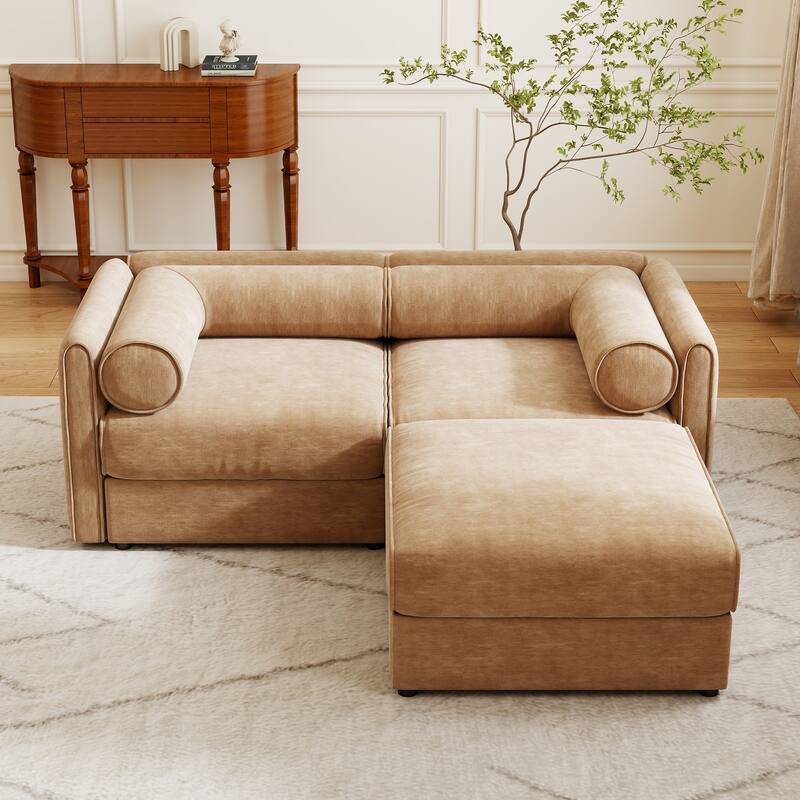 Modern Chenille 6-Seater Sofa with Ottoman Storage, Hidden Storage, Cylindrical Cushioned Arms and Backrest