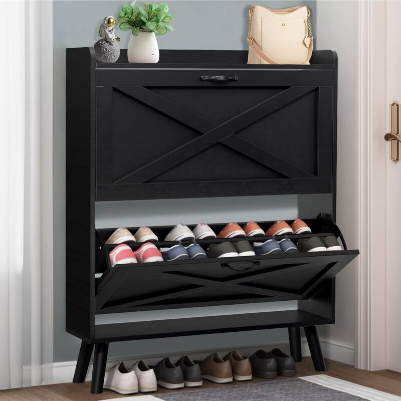 20 Pairs Shoe Storage Cabinet Wood Shoe Shoe Racks Organizer Boxes with 2 Flip Drawers for Entryway