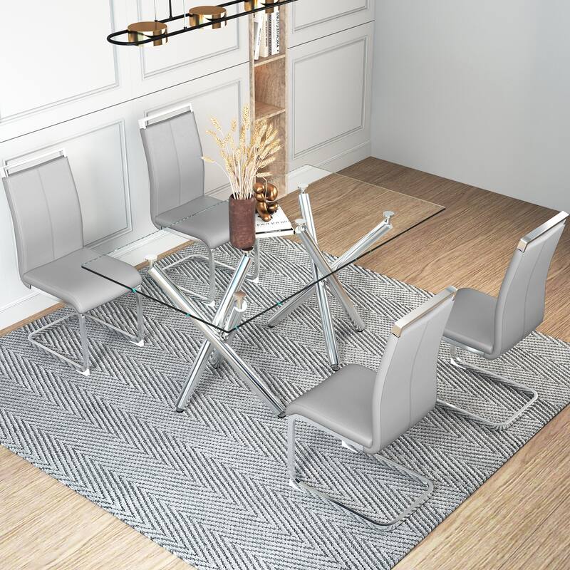 Modern PU Faux Leather High Back Dining Chairs with C-shaped Tube Chrome Metal Legs