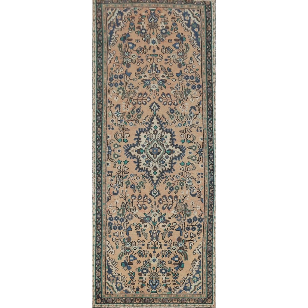 Hand Knotted Oriental 100% Wool Carpet Traditional Geometric Peach Hamedan Runner Rug - 10' 2'' X 3' 4''