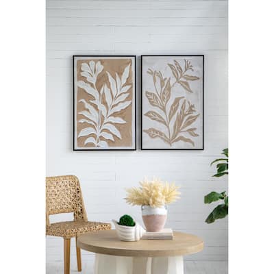 23.6x35.4" Brown and White Minimalist Leaf Paintings with Black Frame, Set of 2