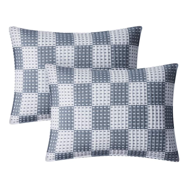 Porto Blocks Denim Blue All-Season Soft Woven Matelasse Jacquard Reversible Cotton Blend Quilt Set