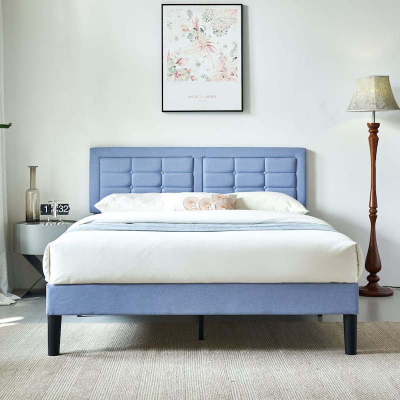 Strong Frame and Wooden Slats Support Bedframe，Platform Bed Frame with Linen Upholstered Headboard,Light Blue Bed Frames - Light Blue - Queen