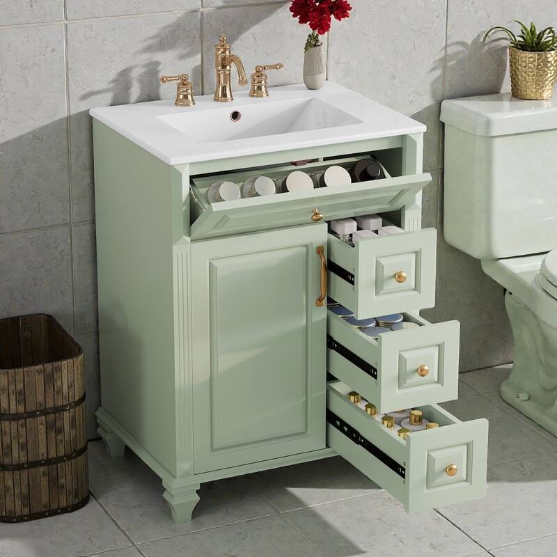 24 Inch Bathroom Vanity with Ceramic Sink, White Freestanding Vanity Cabinet with Flip-Out Drawer and Storage
