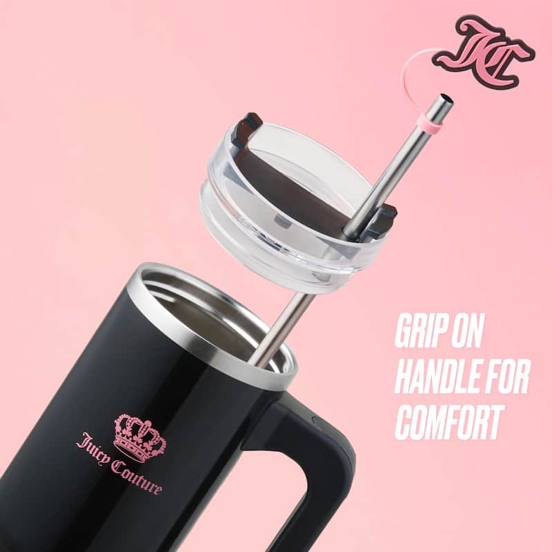 Juicy Couture Jetsetter Hydration Stainless Steel Tumbler with Handle, Straw & Topper with Velour Crossbody Pouch