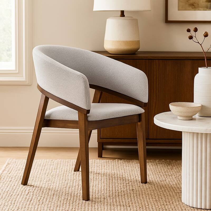 Cid Naj Dining Chair, Gray Fabric Cushions, Curved Walnut Brown Rubberwood