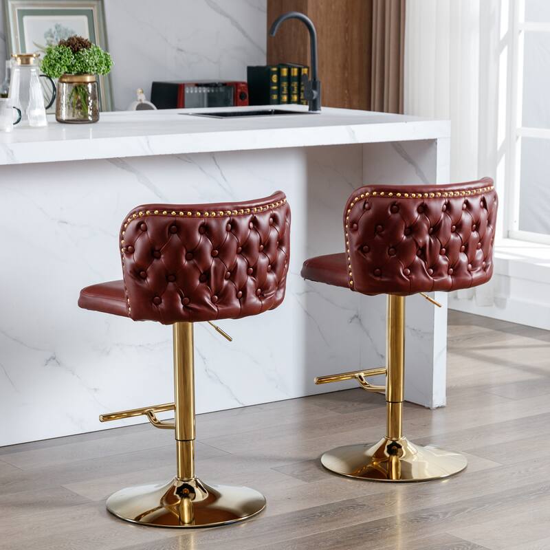Set of 2 Adjusatble Swivel Bar Stools with PU Leather Tufted Back