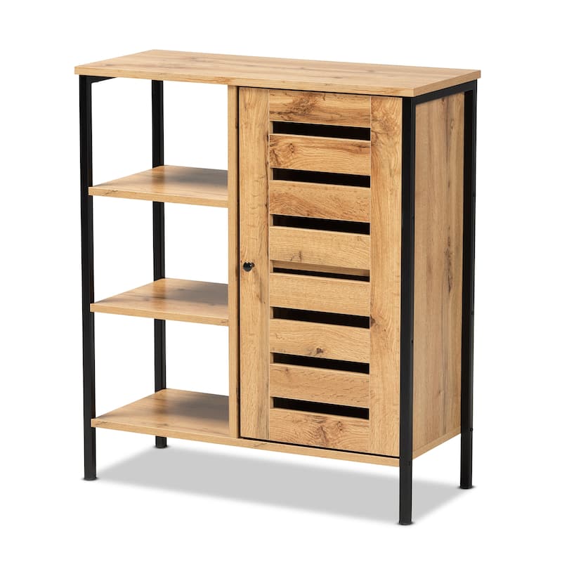 Vander Modern Oak Brown Wood and Black Metal 1-Door Shoe Cabinet - Oak