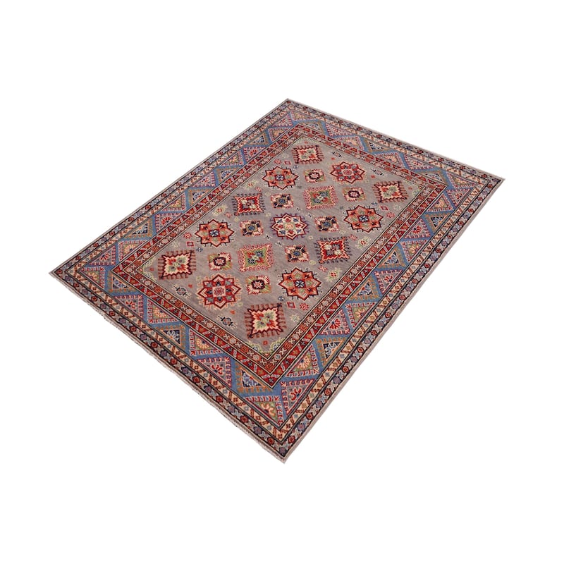 Rustic Kazak Angel Gray/Light Blue Wool Rug - 4'2'' x 6'1''