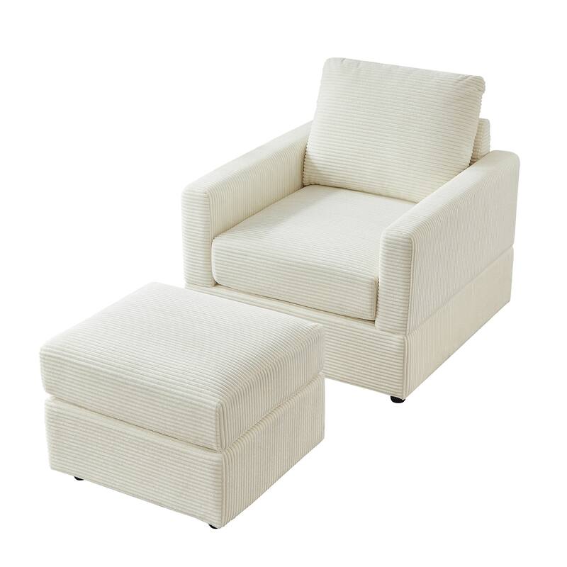 Corduroy Chaise Lounge Set with Ottoman and Adjustable Backrest