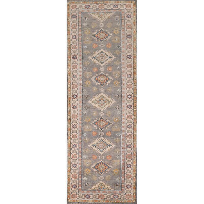 Grey Geometric Kazak Runner Rug Handmade Wool Carpet - 2'10" x 9'10"