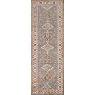 Grey Geometric Kazak Runner Rug Handmade Wool Carpet - 2'10" x 9'10"
