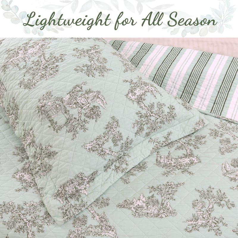 Cozy Line Vintage Cottage Garden Toile Mint Green Cotton Quilt Bedding Set