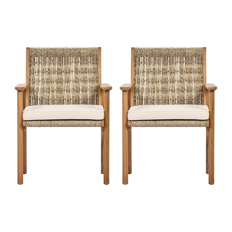 Christopher Knight Home - Outdoor Acacia Wood Dining Arm Chair with Wicker Back and Waterproof Cushions