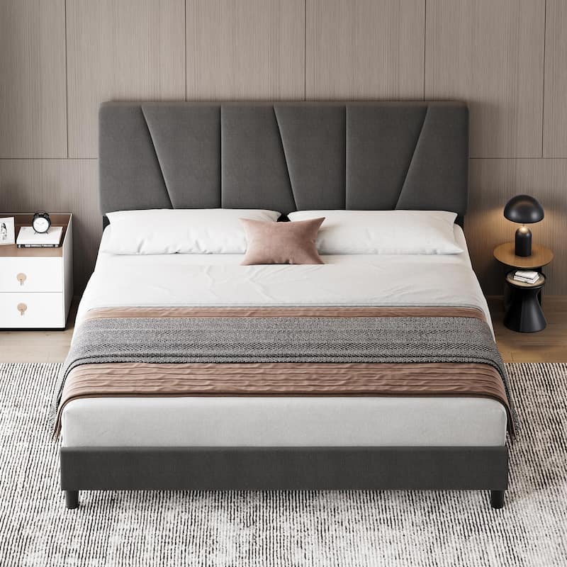 Grey Velvet Upholstered Platform Bed Frame with Wooden Slats