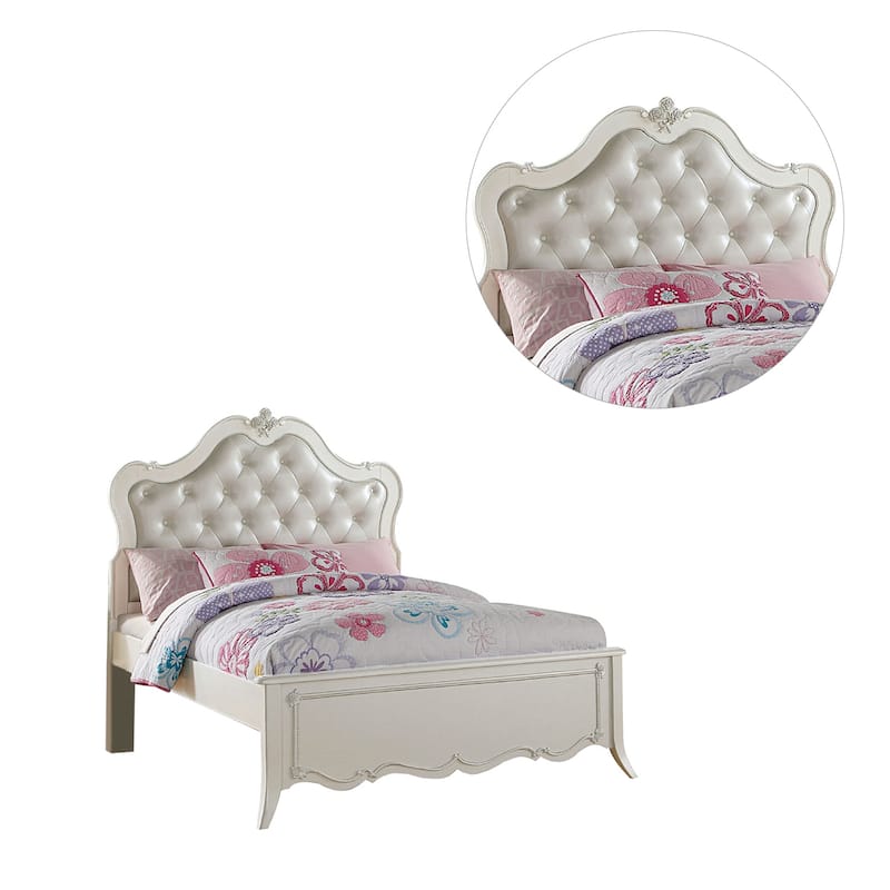 Faux Leather Twin Size Bed with Arched Headboard in Pearl White Finish