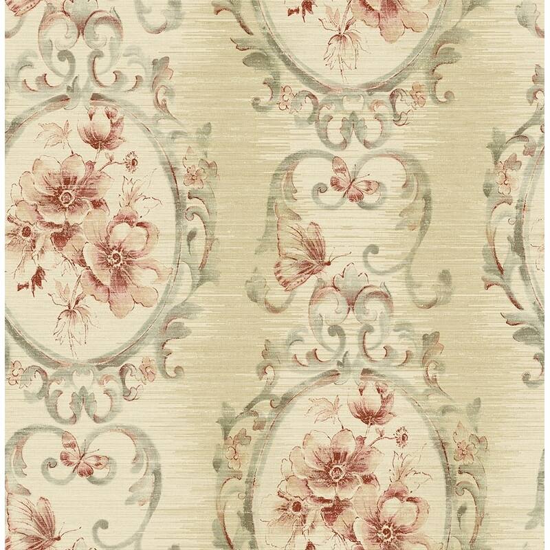Seabrook Design Hera Floral Frame Unpasted Wallpaper - 20.5 in W x 33 ft. L - Metallic Beige & Cranberry