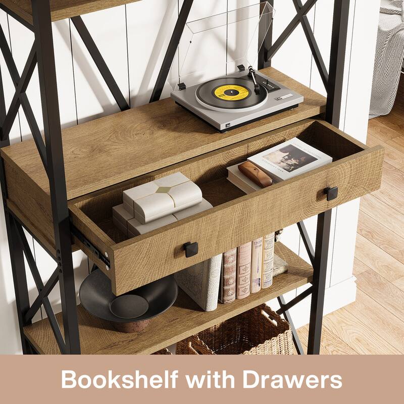 70.9" Tall Bookshelf with Drawers, Industrial Bookcase with Storage