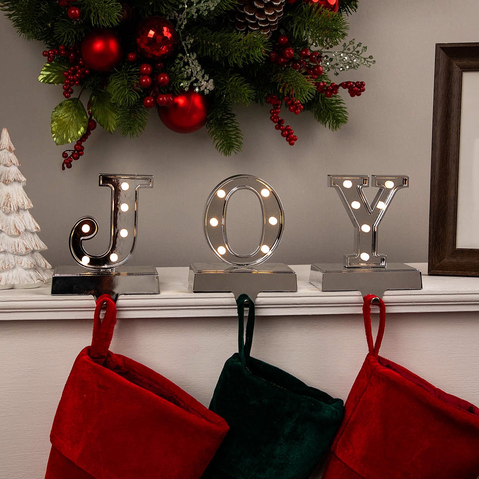 LED Lighted Joy Christmas Stocking Holders - 5.75" - Silver - Set of 3