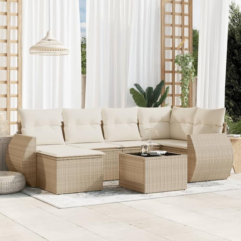 vidaXL Patio Sofa Set with Cushions Outdoor Furniture 7 Piece Poly Rattan - 21.7 x 21.7 x 14.6 - Beige and cream with table