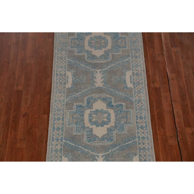 Hand Knotted Oriental 100% Wool Carpet Transitional Geometric Greys & Charcoal Oushak Runner Rug - 13' 10'' X 3' 1''
