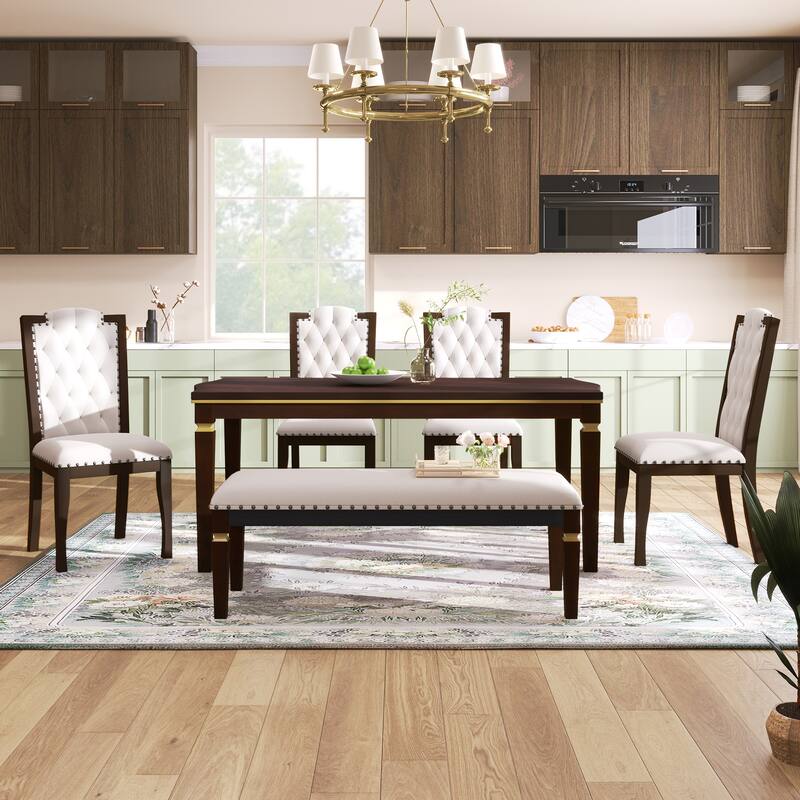 Kitchen Dining Table Set, Dining Room Table Set for 6 with Rectangular Table, Bench and 4 High Back Tufted Chairs