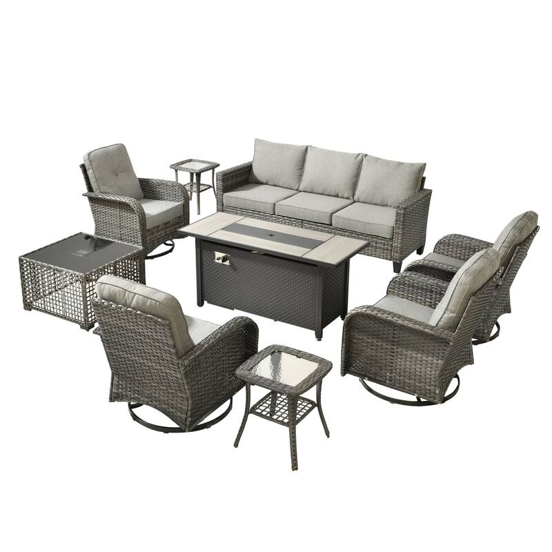 HOOOWOOO 9-piece Grey Wicker Outdoor Fire pit Set with Swivel Chairs