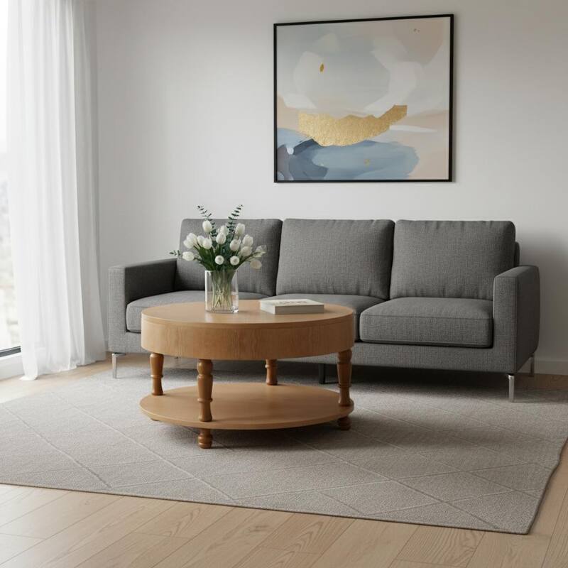 HomeRoots 32" Natural Wood Round Coffee Table With Hidden Storage And Shelf - 31.50 in. x 21.25 in. x 31.50 in. - Walnut