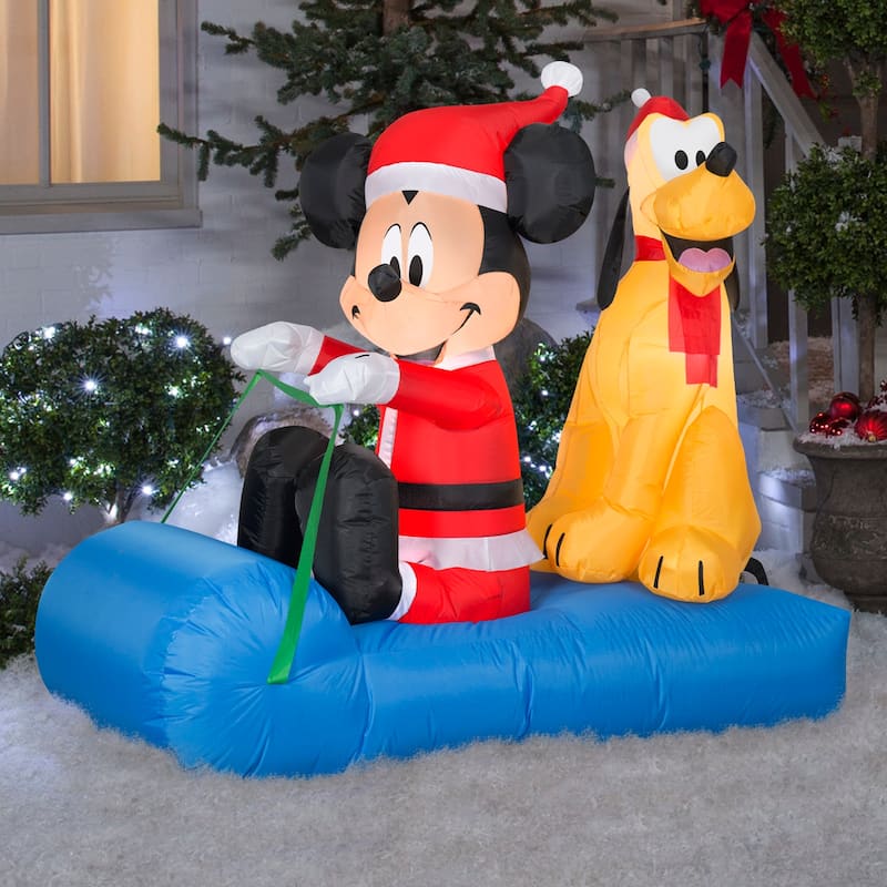 Gemmy Christmas Inflatable Mickey Mouse and Pluto on Sled, 4.5 ft Tall