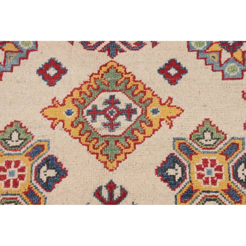 Geometric Ivory Kazak Oriental Area Rug Handmade Wool Carpet - 5'2" x 6'6"