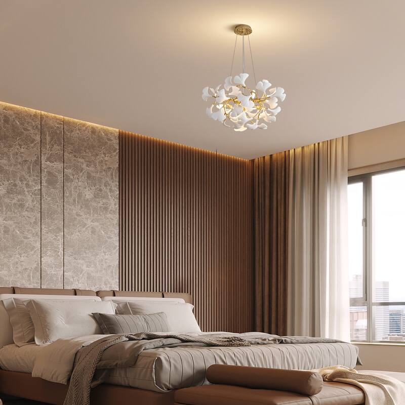 Modern Ginkgo Leaf Ceramic Chandelier, Moon Ring Round Pendant Light, D550-D1200, Gold Finish
