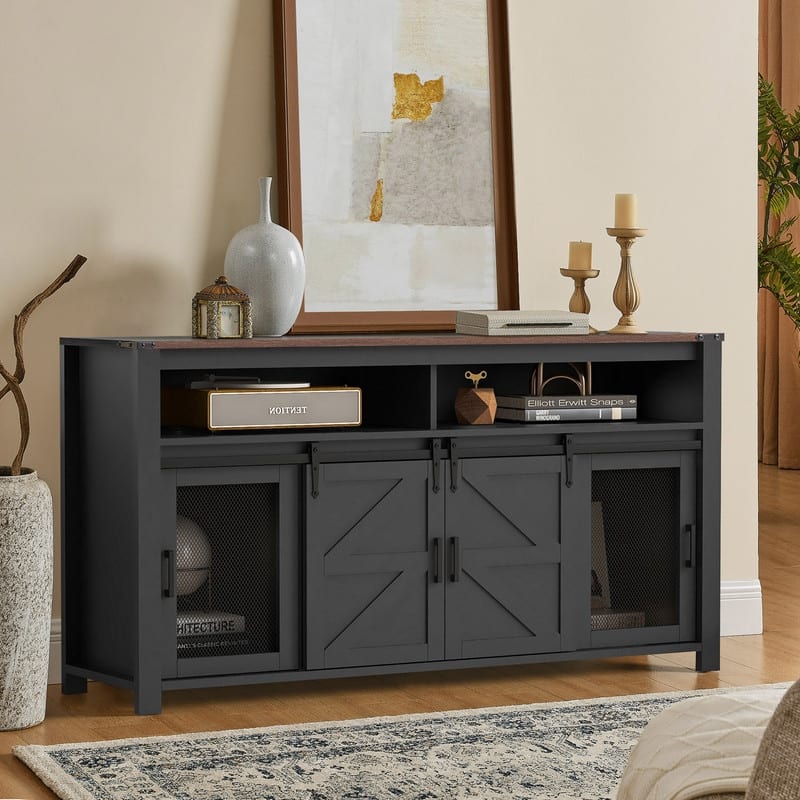 Farmhouse 59.3" Sideboard Buffet with Sliding Barn Doors and Open Storage for Living or Dining Spaces