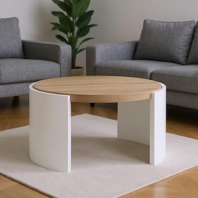 HomeRoots 33" Oak and White Wood Round Partial Frame Coffee Table - 33.00 in. x 18.00 in. x 33.00 in.