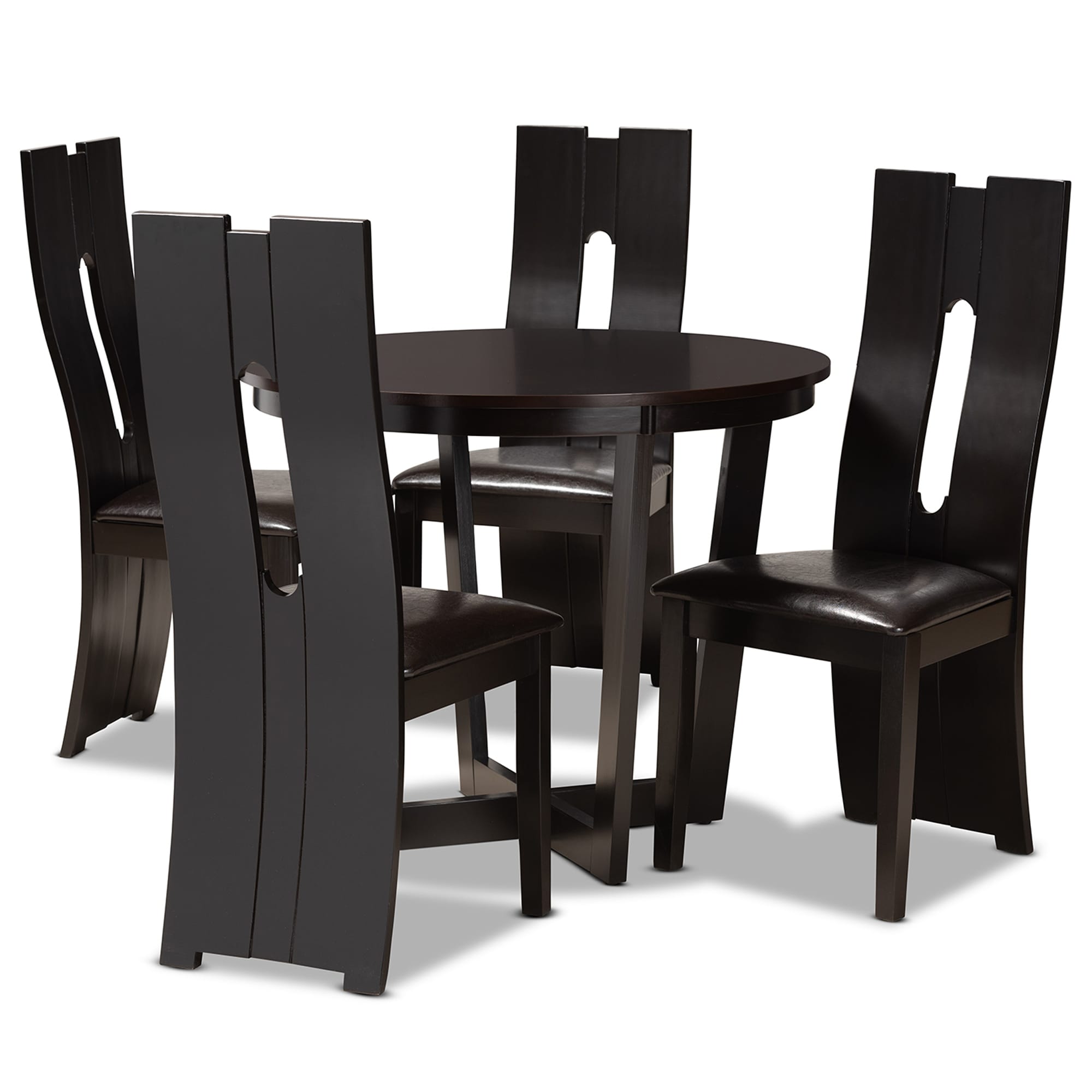 A dark wood dining set with a round table and six tall-back chairs, shown in a product-studio image against a white background.