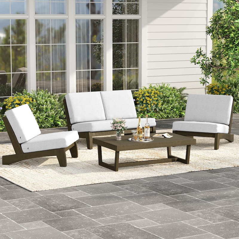 4Piece Wood Outdoor Loveseat Chair Conversation Set with Table Cushion