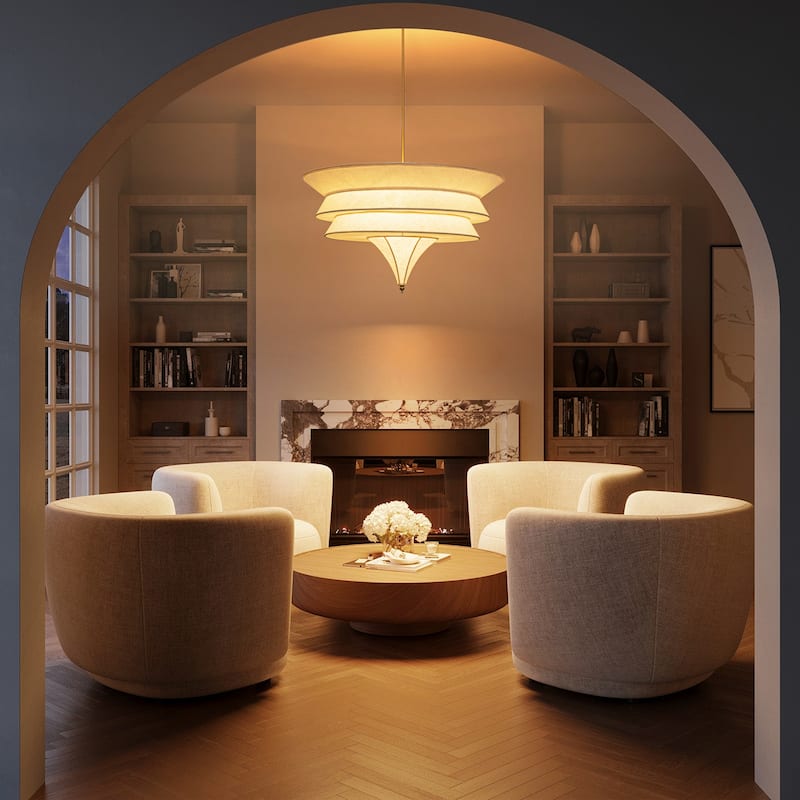 5-Light Mid-Century Modern Brass Chandelier for Dining Room&Living Room - Four-Layer Textured Fabric Shade - 5 Light