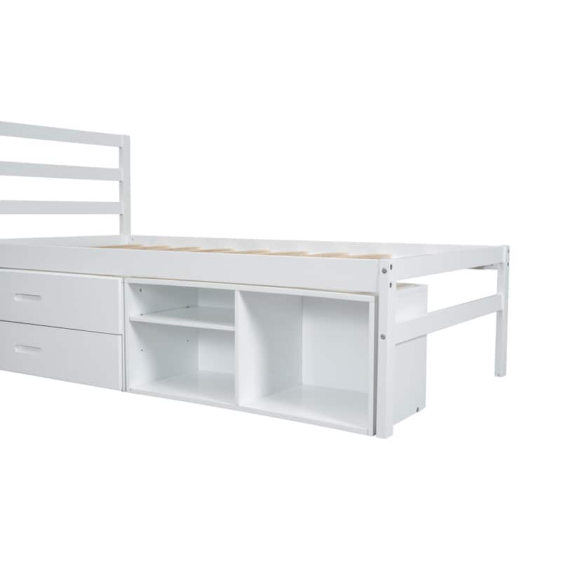 Wood Platform Bed with Removable Storage Shelves and Two Drawers