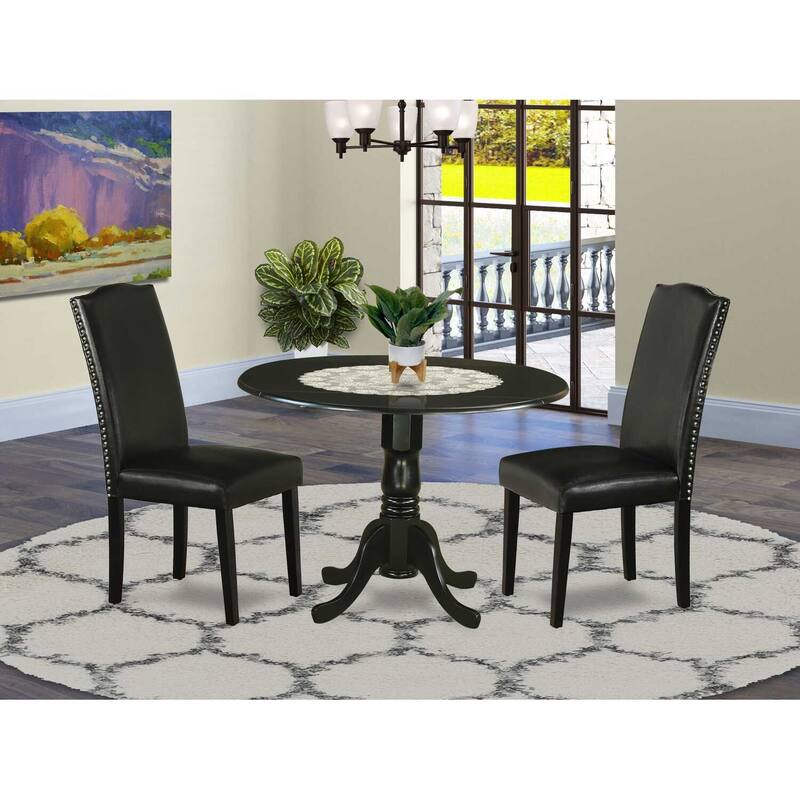 HomeStock 3-Piece Round Black Finish Solid Wood Top Dining Table with 2 Parson Chairs with Drop Leaf