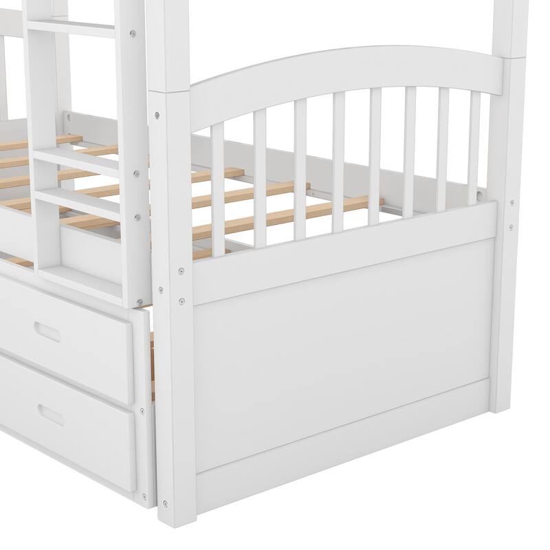 Twin Over Twin Wood Bunk Bed with Trundle and Drawers, White