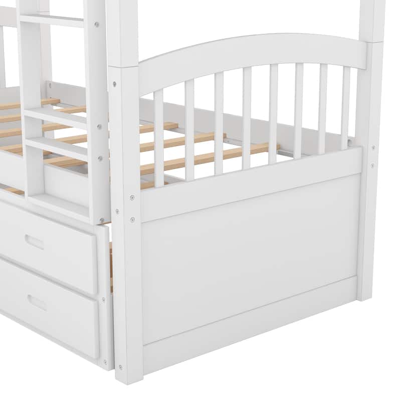 Wooden Twin over Twin Bunk Bed with Pull-Out Trundle and Storage Drawers