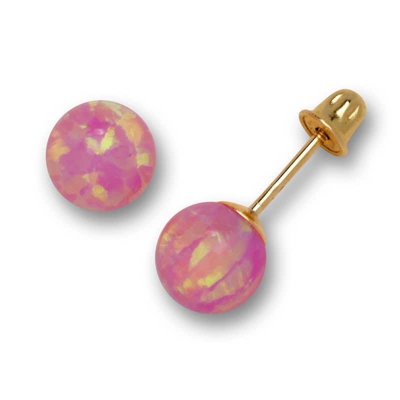 14K Yellow Gold Colors of Created Opal 6mm Ball Post Stud Screw-back Earrings - pink-white - Pink