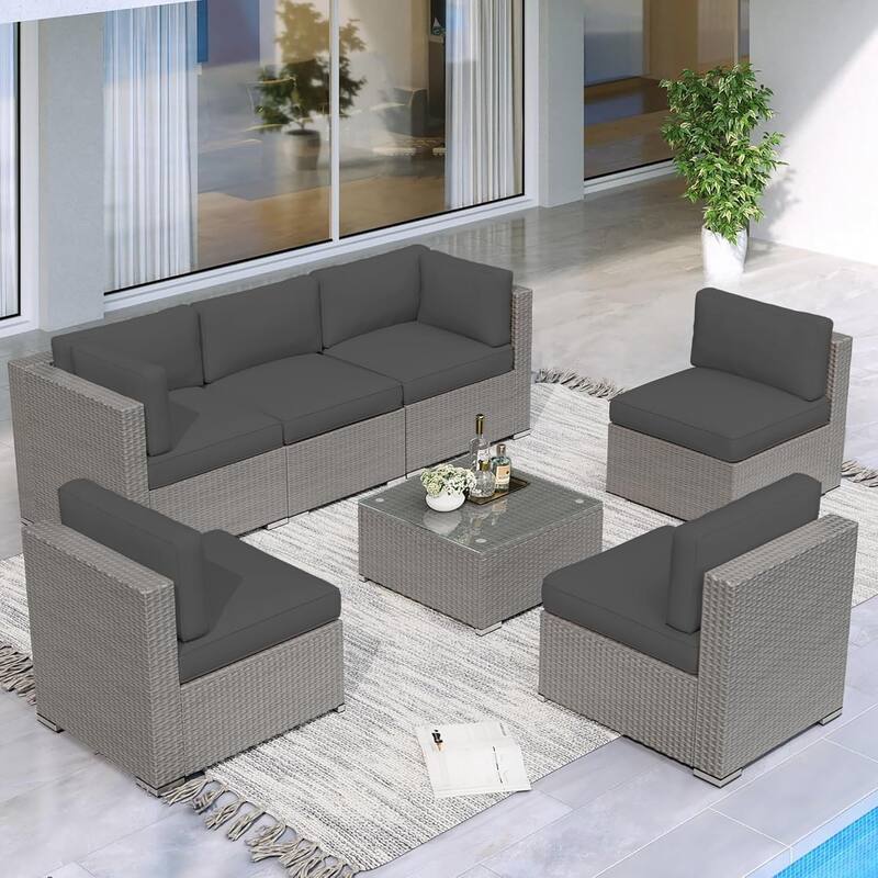 7 Piece Outdoor Patio Furniture Set Grey/Black Wicker Conversation Sectional Sofa Set with Coffee Table and Cushions