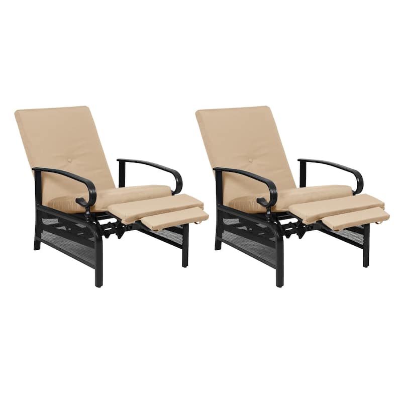 2 Piece Outdoor Metal Patio Adjustable Recliner Lounge Chairs with Retractable Steel Frame and Removable Thick Cushion