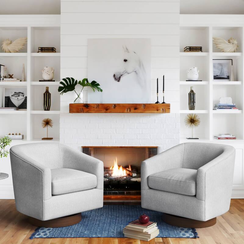 Modern Upholstered Swivel Barrel Accent Chair with Solid Wood Base, Arm Chair for Living Room - Light Grey-Set of 2